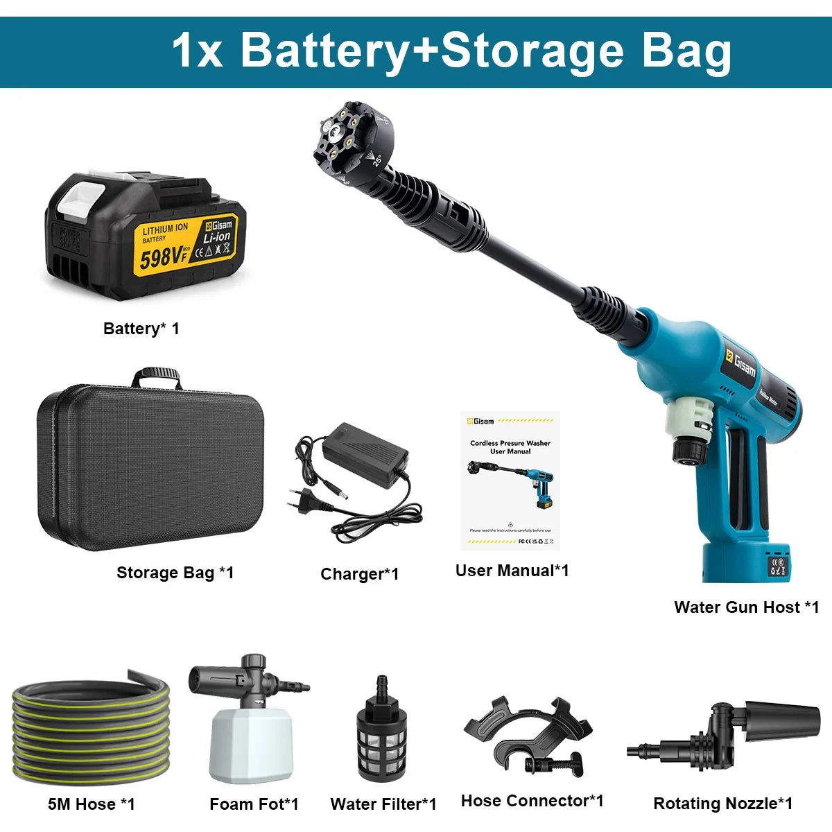 Gisam 250Bar Brushless Electric High Pressure Washer Gun