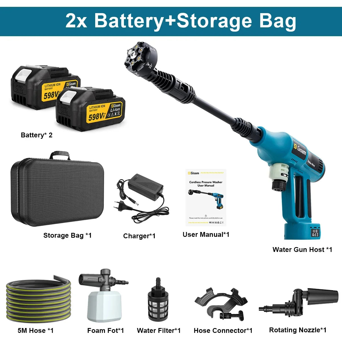 Gisam 250Bar Brushless Electric High Pressure Washer Gun