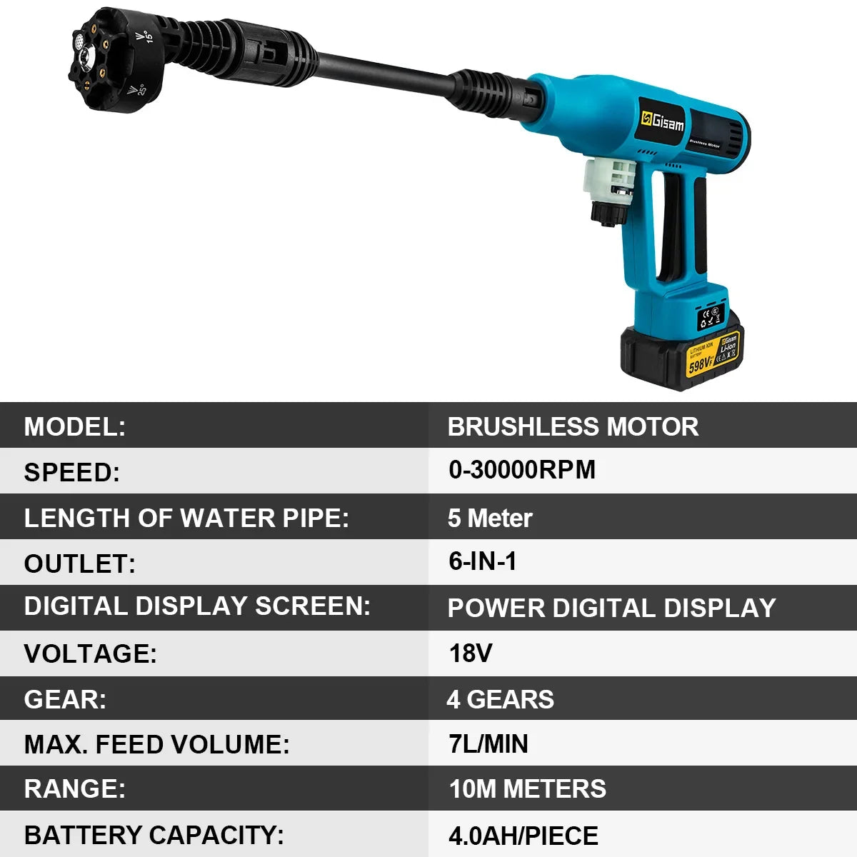 Gisam 250Bar Brushless Electric High Pressure Washer Gun
